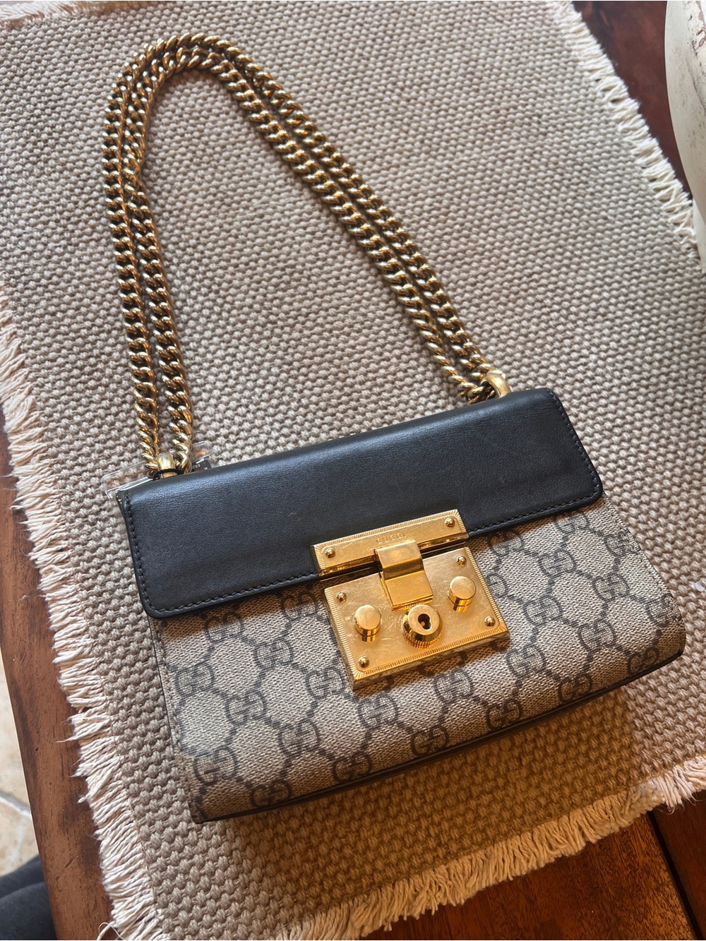 Gucci Beige GG Canvas and Black Leather Crossbody with Gold Hardware